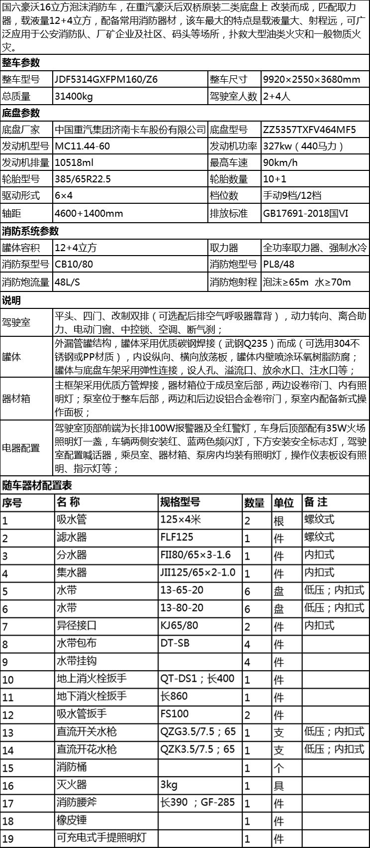 國(guó)六豪沃后雙橋16立方泡沫消防車